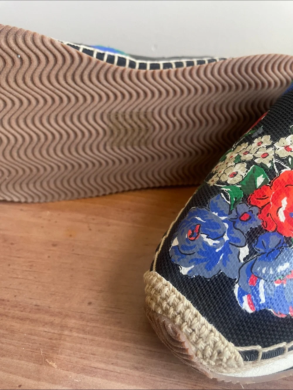 Tory Burch Black Floral Espadrille Slip-Ons with Blue Trim